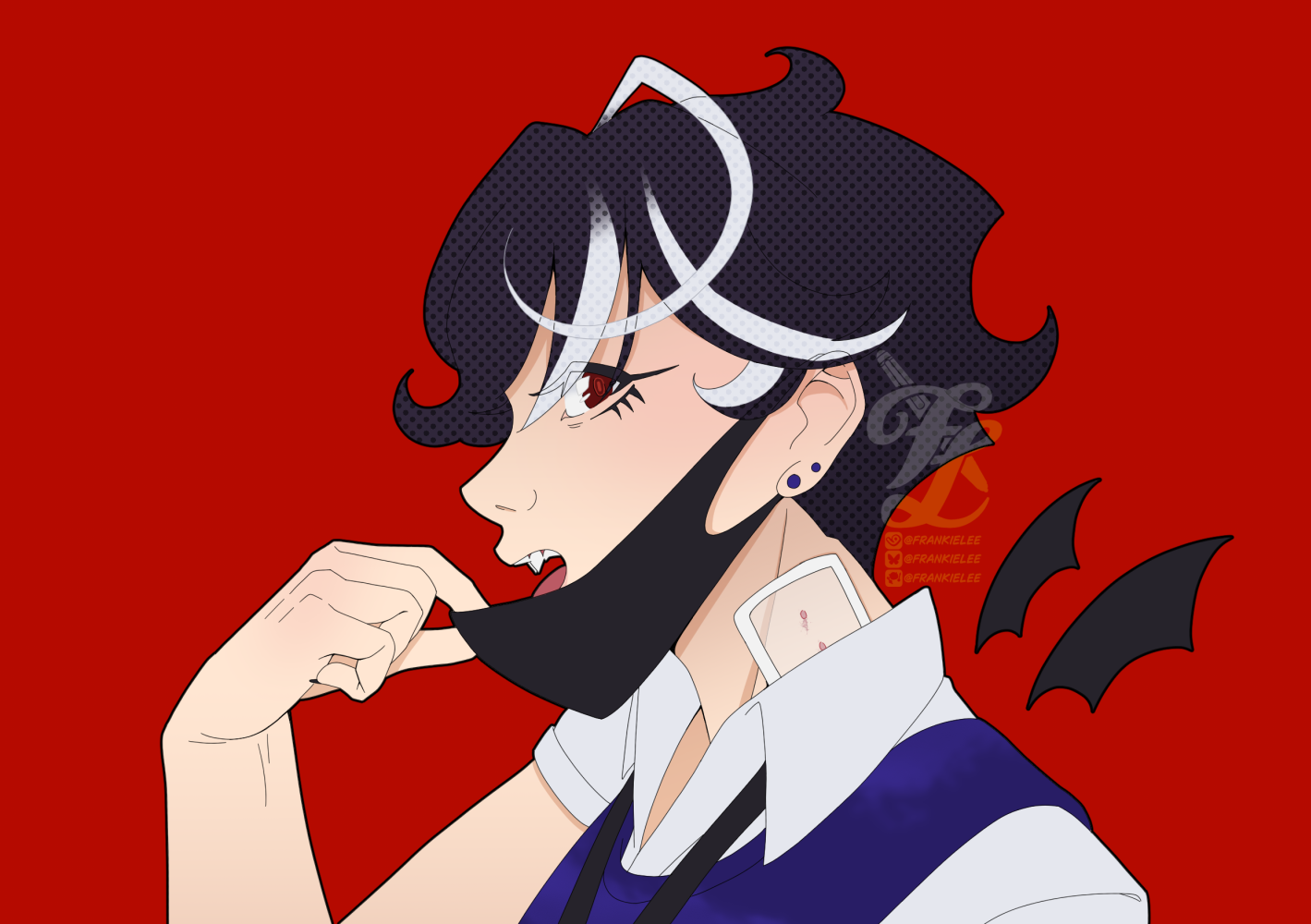 A digital art piece of Frankie seated at a cafe working on a laptop, their lunch tray with their finished lunch pushed aside. He's leaned in, listening intently to their headphones.